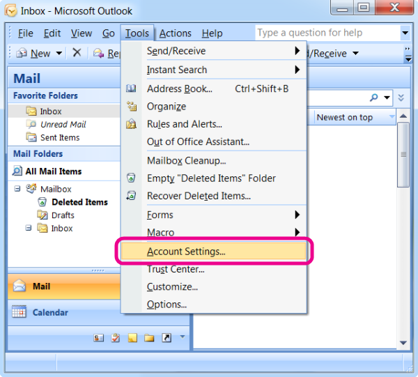 Tool --> Account Settings